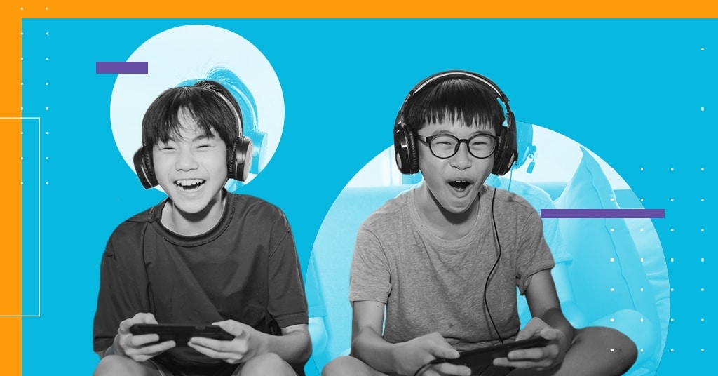 young kids playing video games using console and headphones