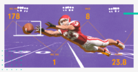 American football player jumping amid data points