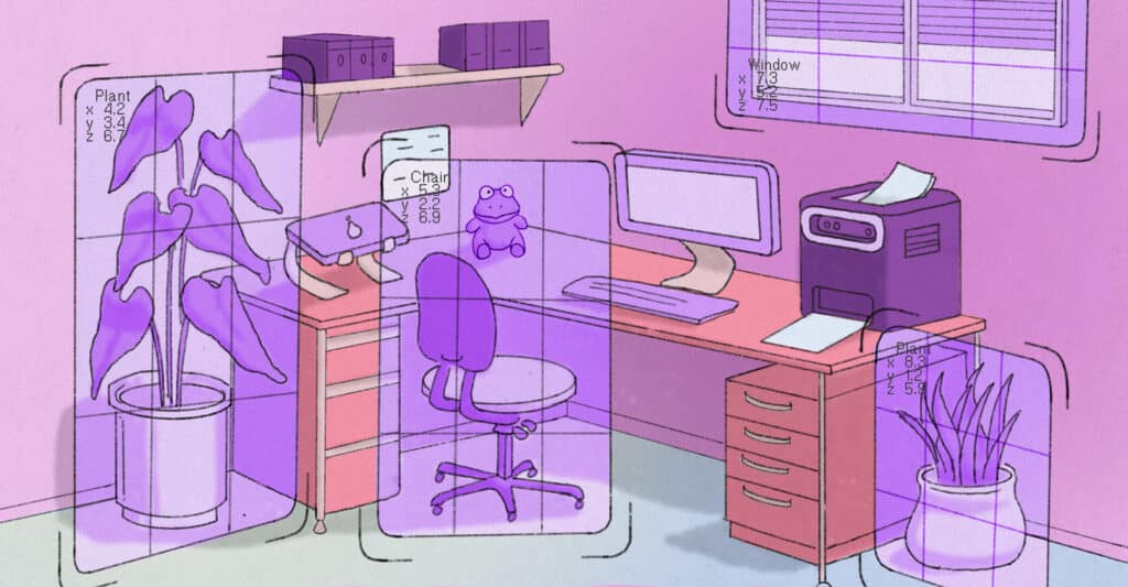 Illustration of an office with AI identifying various objects