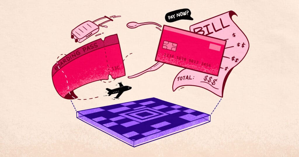 illustration of QR barcode powering bills, flight information and other moving goods