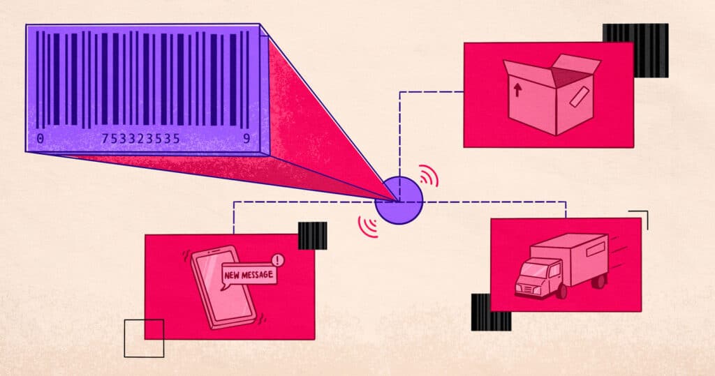 illustration of how barcodes run the world of logistics, tracking a package to delivery