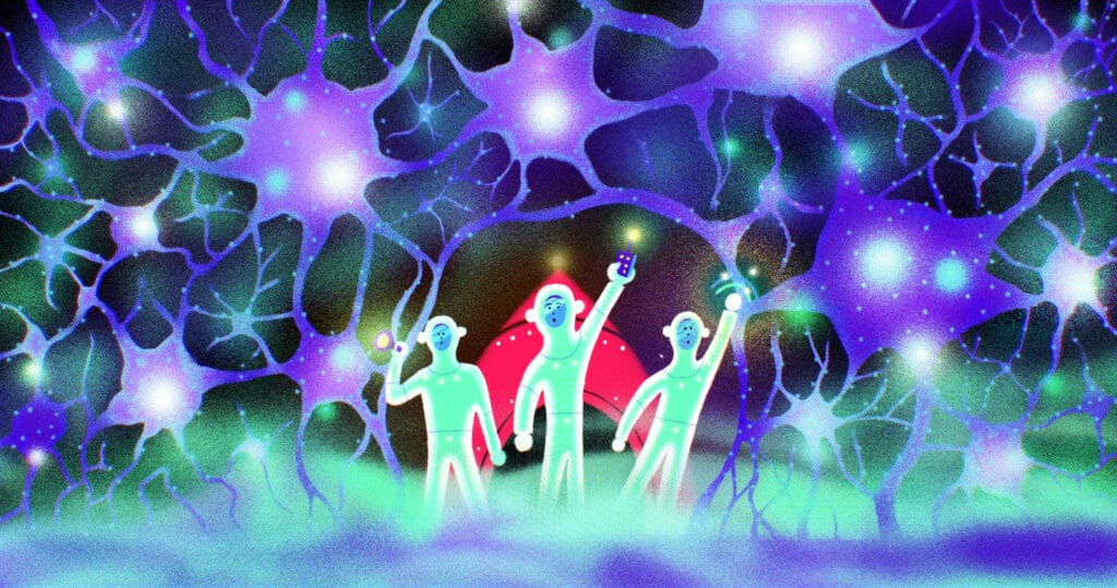 illustration of scientists inside a forest of neurons