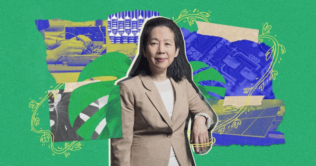 Dr. Inez Hua standing amid a collage of electronics, plants, solar panels.  