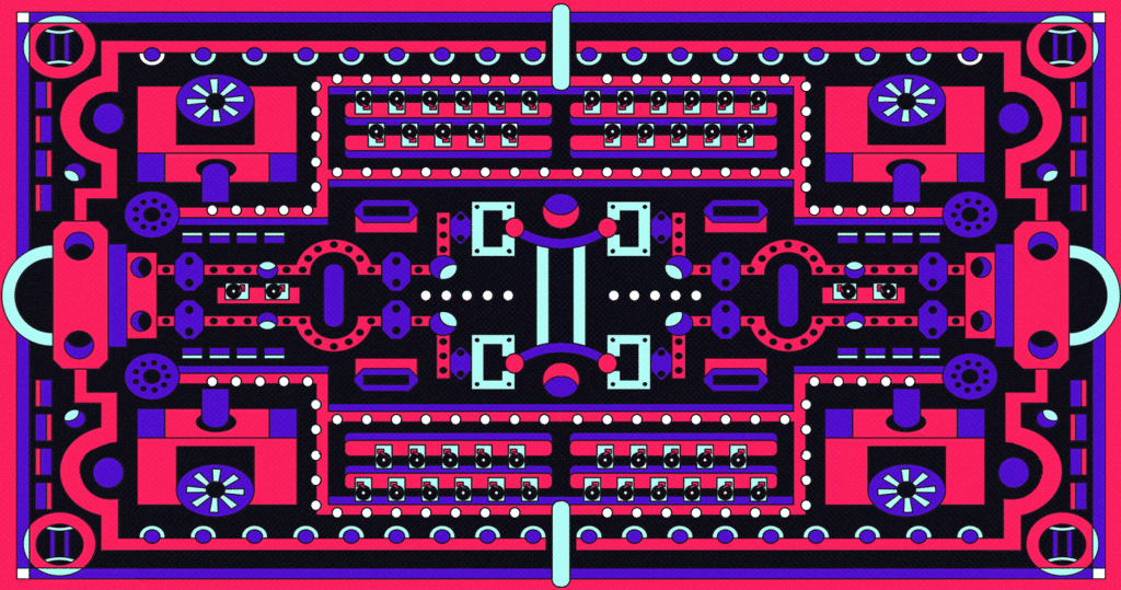 illustration of Pac-Man like view of an abstract HDD manufacturing site