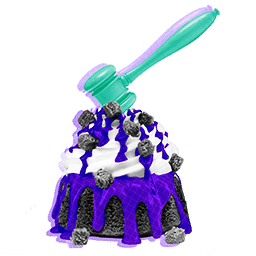 Illustration of a hot lava cake topped with whipped cream, sprinkles, chocolate sauce, topped with a gavel