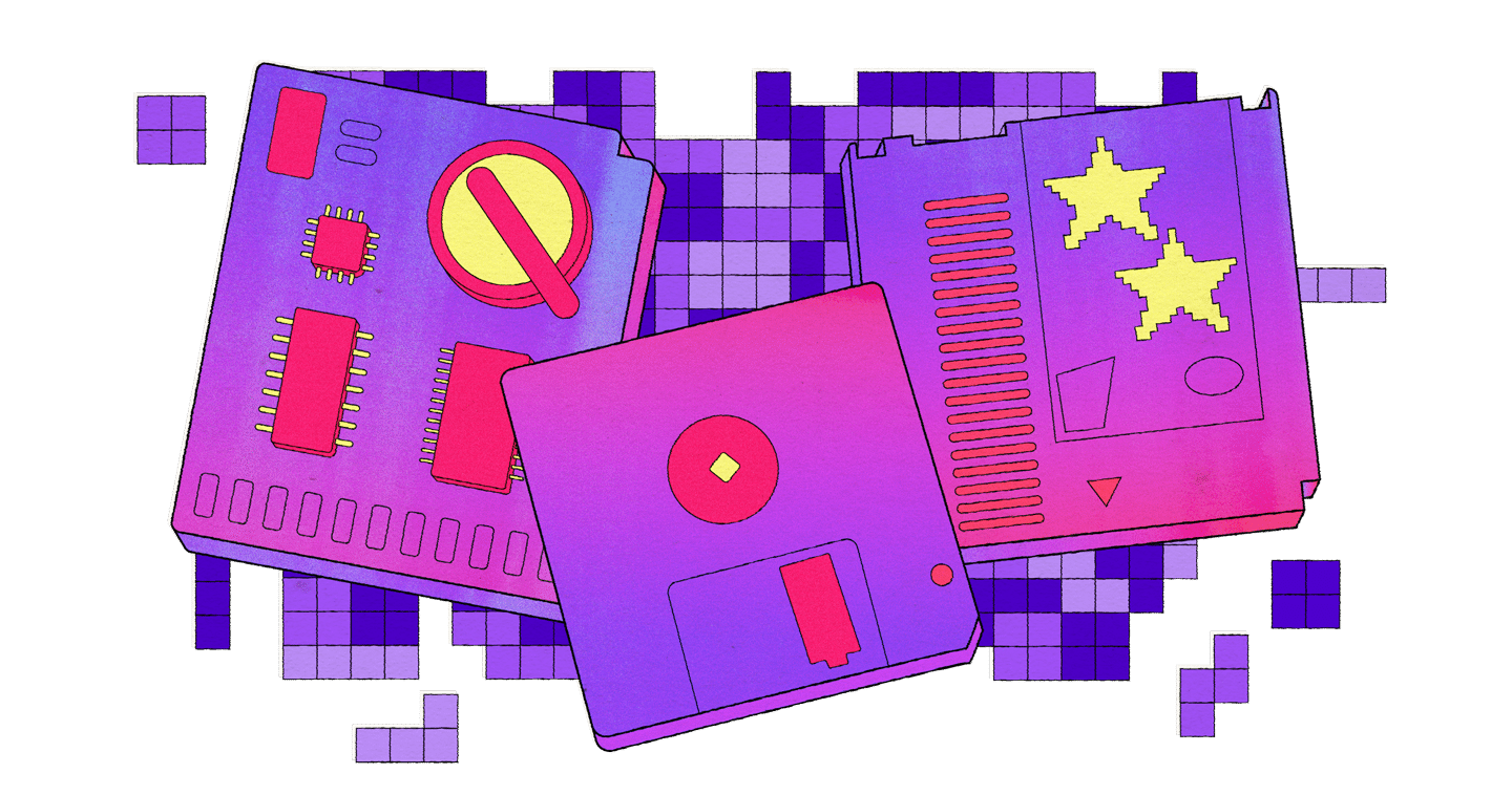 Illustration of gaming form factor showing various storage and computing mediums for gaming in 8-bit style