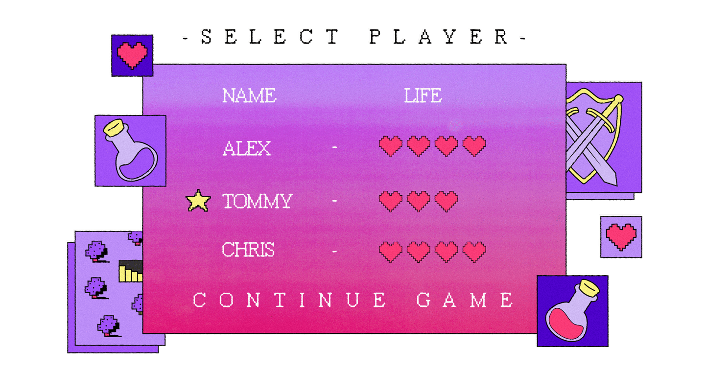 Illustration of screen showing names of gaming players and amount of lives left