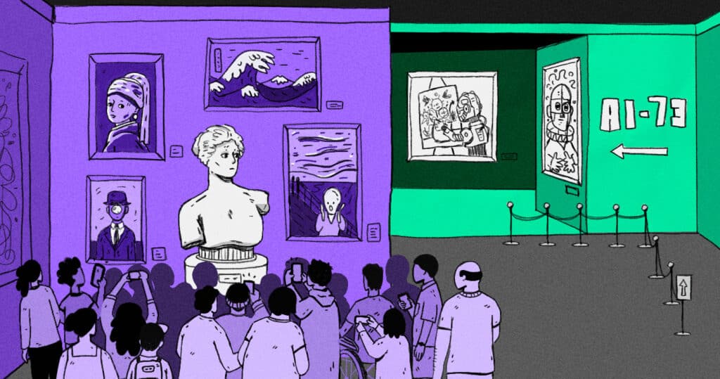 Illustration of crowded classic art museum with empty AI art exhibit.