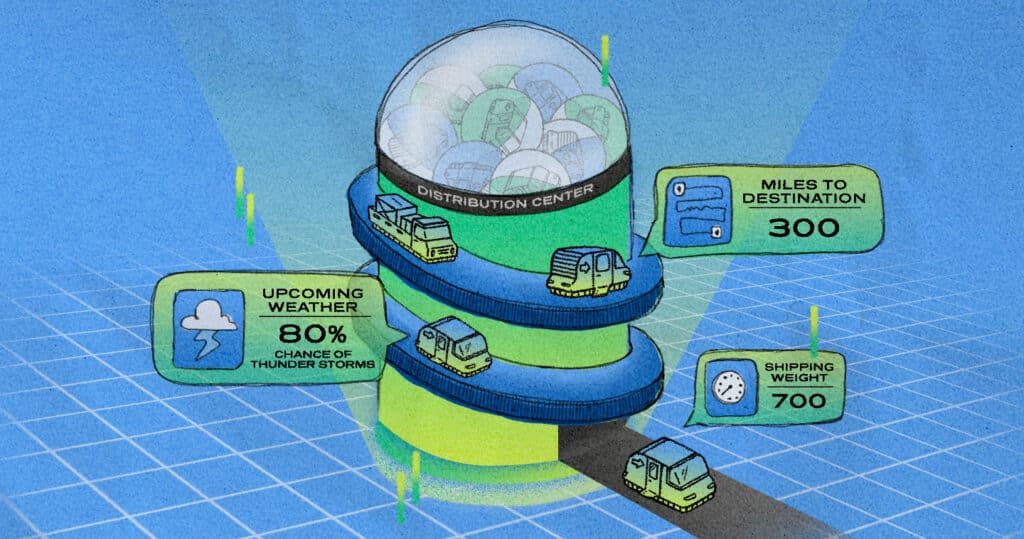 Illustration visualizing a distribution center as a gumball machine with pop-ups that indicate the weather, miles to destination, and shipping weight.