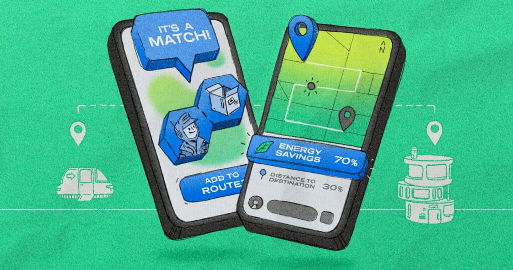 Illustration of two smart phones displaying a match-making style app for drivers and shippers.