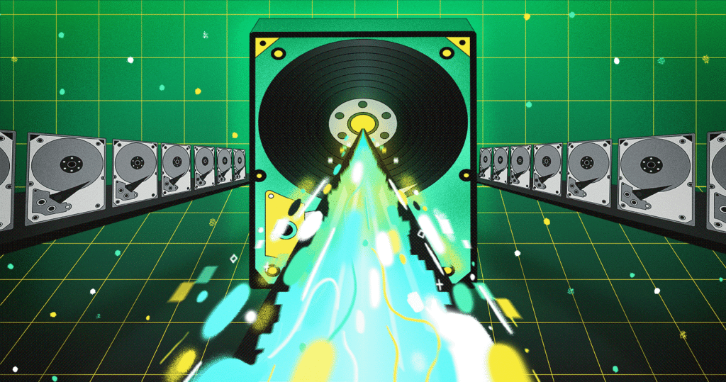 Retro gaming style illustration featuring SMR hard drives leading to a portal.