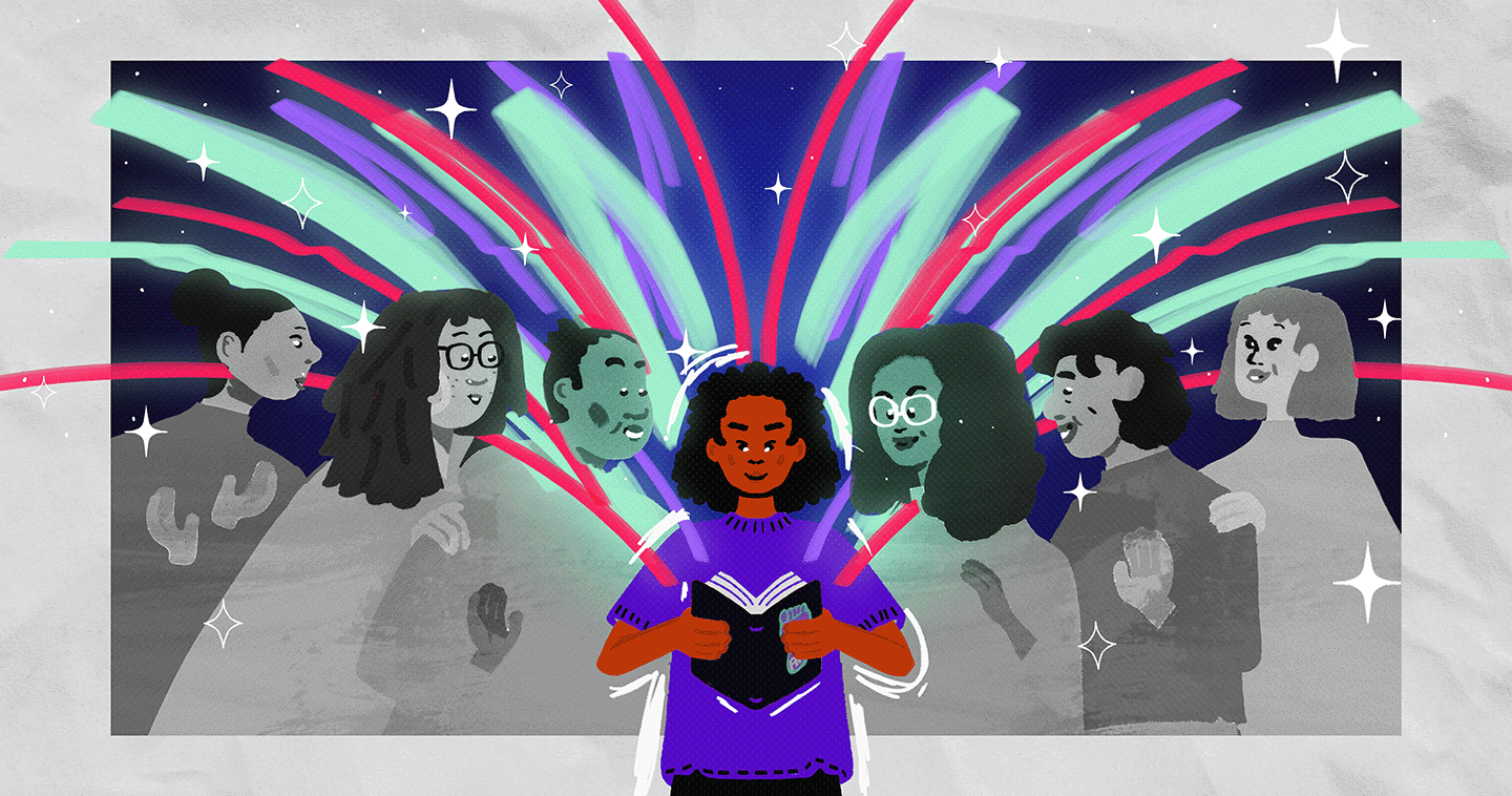 Illustration of reader with open comic book with energy and colors bringing people together.