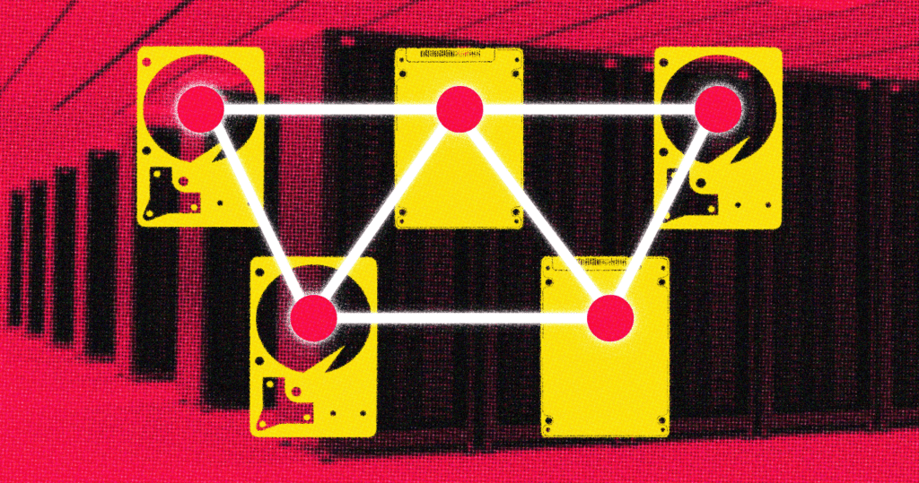 Five hard drives connected by lines overlaying an enterprise data center, illustrating data storage solutions.