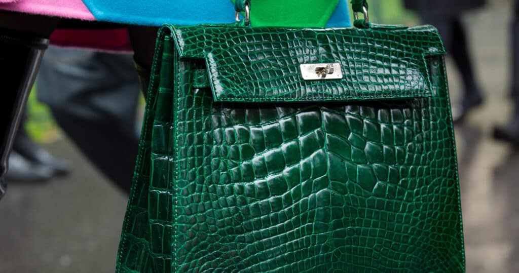 Detailed close-up of a luxurious alligator handbag, showcasing texture and craftsmanship, photographed by Robert Ector.