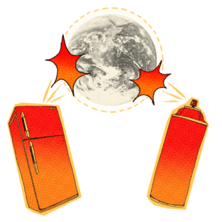 Drawing of the moon with a spray can and refrigerator, symbolizing environmental impact and ozone depletion linked to chlorofluorocarbons (CFCs).