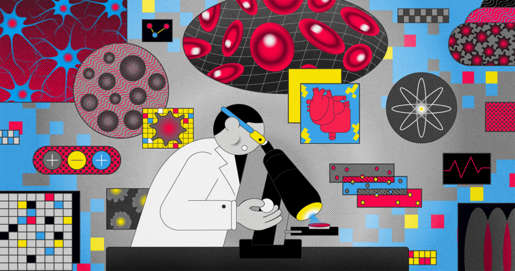 illustration of a scientist looking into a microscope surrounded by a multitude of research data and applications