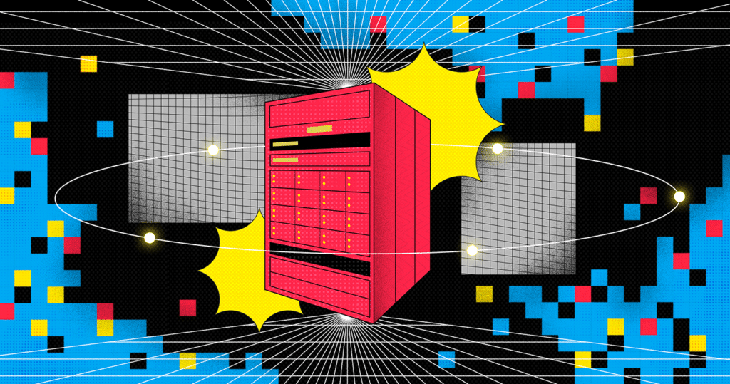 illustration of npc system rack surrounded by colorful bits and matrix