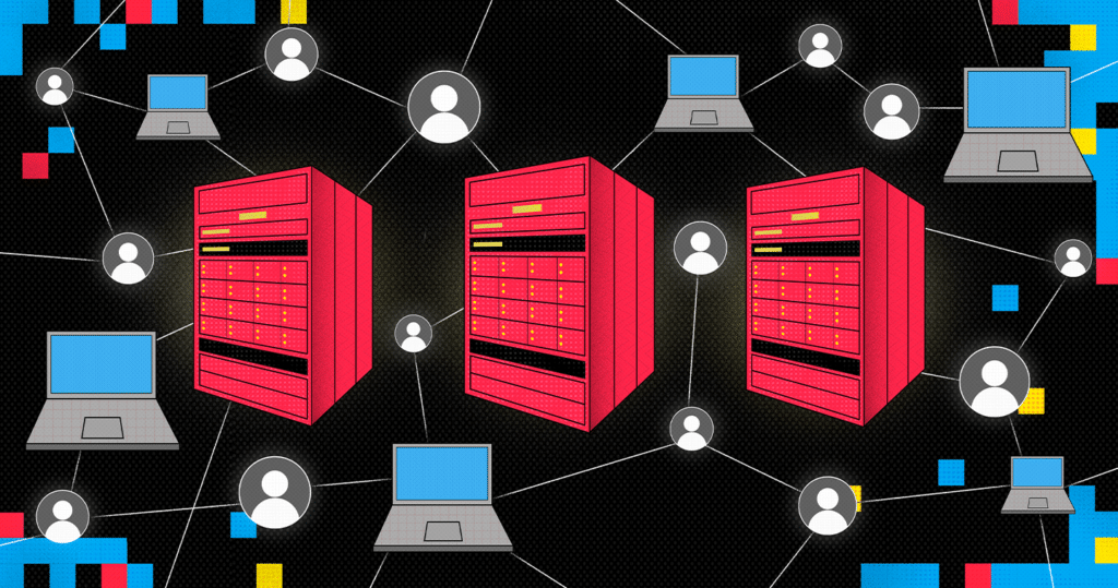 illustration of HPC system racks and distributed computing